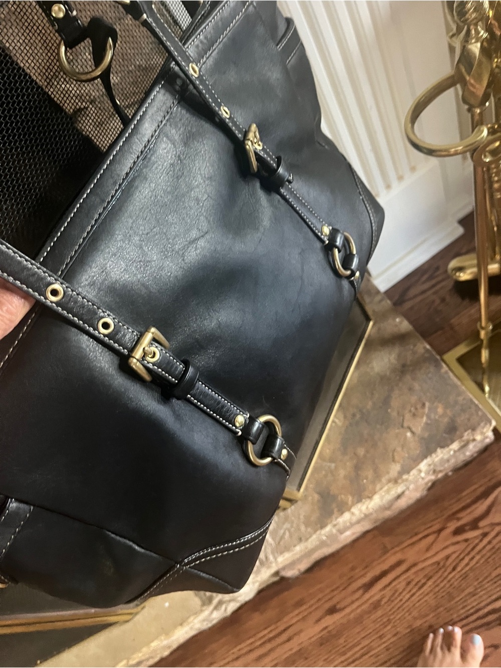 Coach Black Leather Double-Handle Tote with Gold Hardware